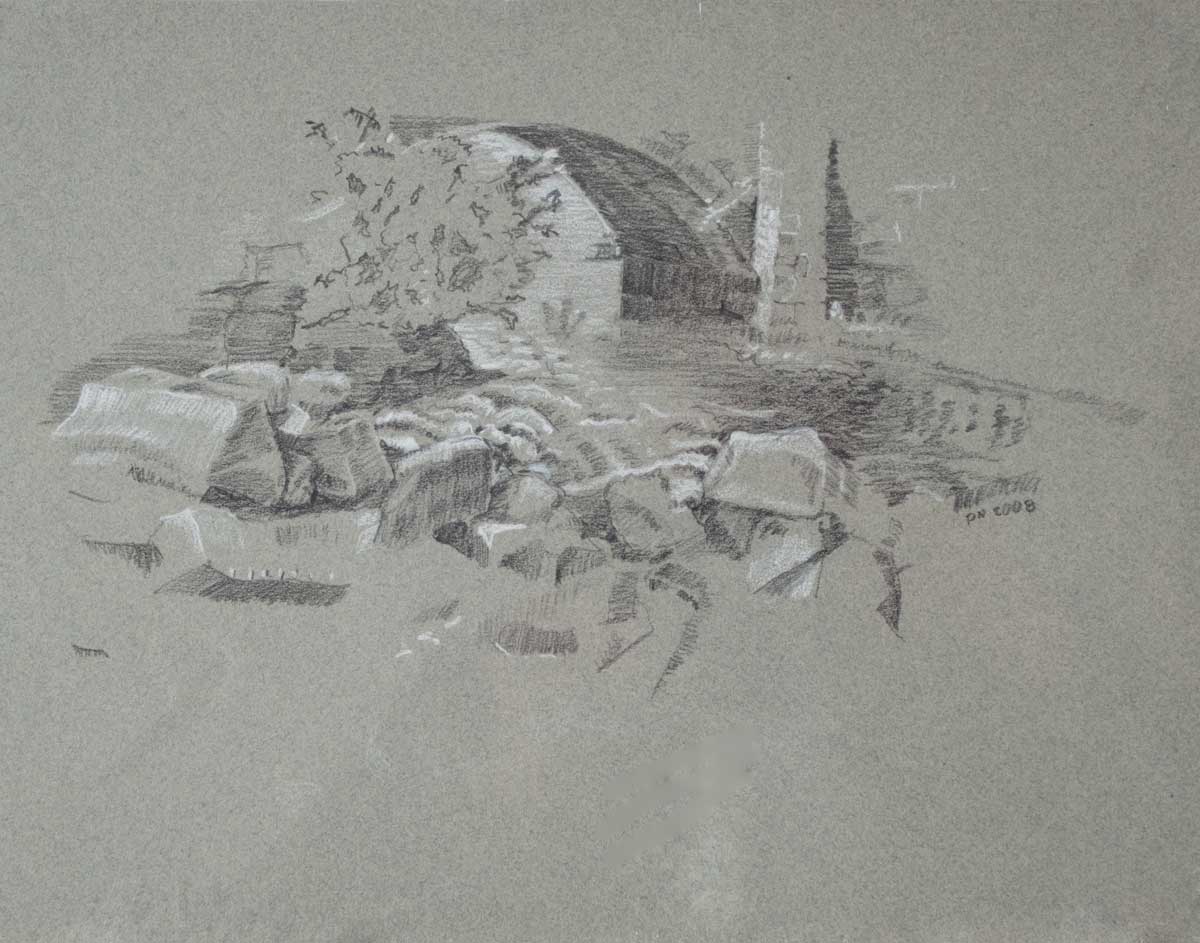 brige over Ipswich River, Conte crayon, 2009